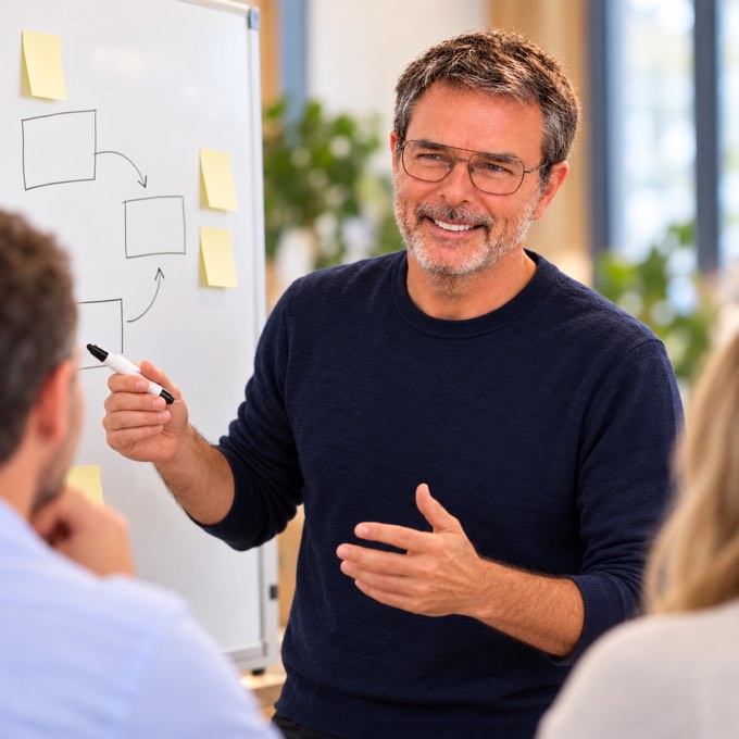 Dirk erklärt einen Ansatz am Whiteboard