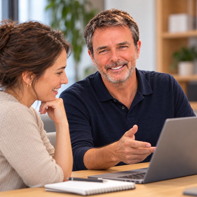 Dirk entwickelt gemeinsam mit einer Gesprächspartnerin am Laptop